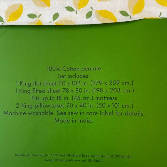 Kate Spade King Sheet Set 4pc Yellow Lemons on White 100% Cotton New - Picture 9 of 10